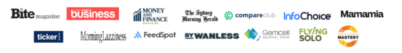 Media logos: Bite magazine, Inside Business, Money and Finance Magazine, The Sydney Morning Herald, compareclub, InfoChoice, Mamamia, ticker, Morning Laziness, FeedSpot, BY Wanless, Gemcell Electrical Group, Flying Solo, and Mastery