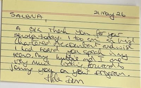 Handwritten note from Helen: big thanks, looking forward to joining the program