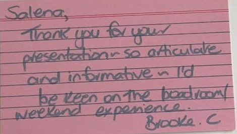Handwritten note from Brooke C: articulate and informative presentation