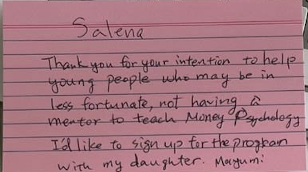 Handwritten note from Maryam: signing up with my daughter to learn Money Psychology