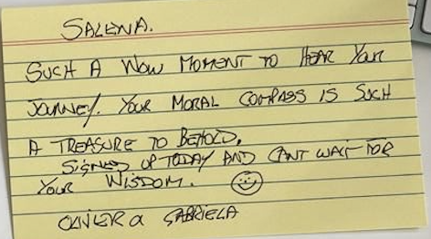 Handwritten note from Oliver & Gabriela: signed up today, can't wait for your wisdom